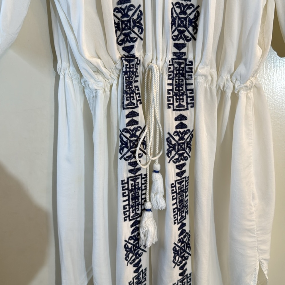 Summer White Dress with Navy Blue Embroidery - Picture 4 of 10